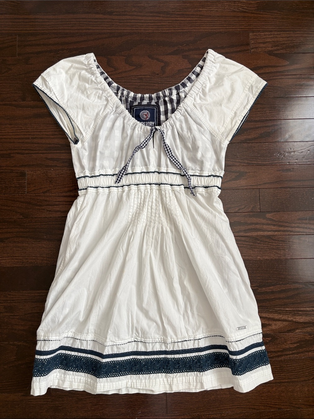 vintage white mini dress with blue gingham print detail
